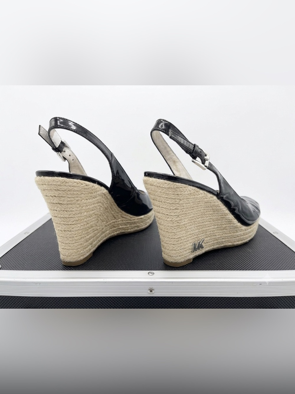 Michael Kors Black Patent Espadrille Wedge Slingback Peep Toe - Picture 2 of 4
